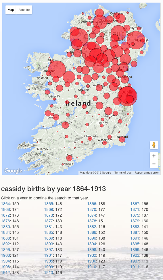 Cassidy births by Year in Ireland 1864-1913, source JohnGrenham.com
